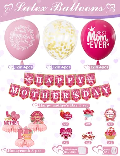 Mothers Day Decorations Set, Pink Happy Mothers Day Banner with Mom Printed Balloons, Cupcake Toppers and Honeycomb Centerpieces, All-in-1 Best Mom Party Supplies for Mother's Day Celebration