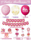 Mothers Day Decorations Set, Pink Happy Mothers Day Banner with Mom Printed Balloons, Cupcake Toppers and Honeycomb Centerpieces, All-in-1 Best Mom Party Supplies for Mother's Day Celebration