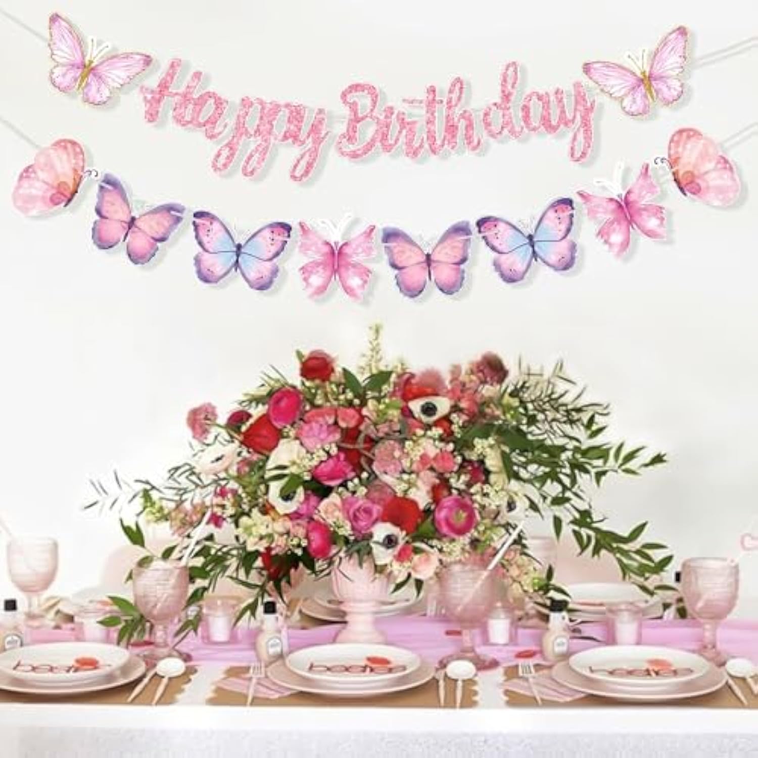 Pink Butterfly Birthday Banner, 63" X 23.6", Fade Resistant, Lightweight, Women/Girls/Teen Girls