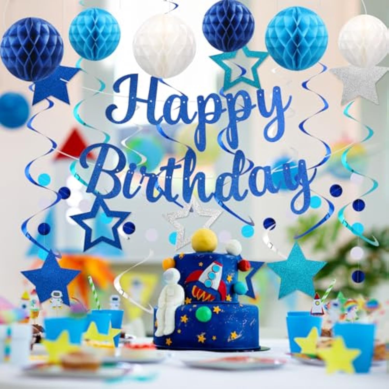 Birthday Decorations, No Diy, Pre-Strung Happy Birthday Banner With Honeycomb Balls, Hanging Swirls, Circle Dots Garland, Party Decorations For Women Men Boys Girls (Blue)