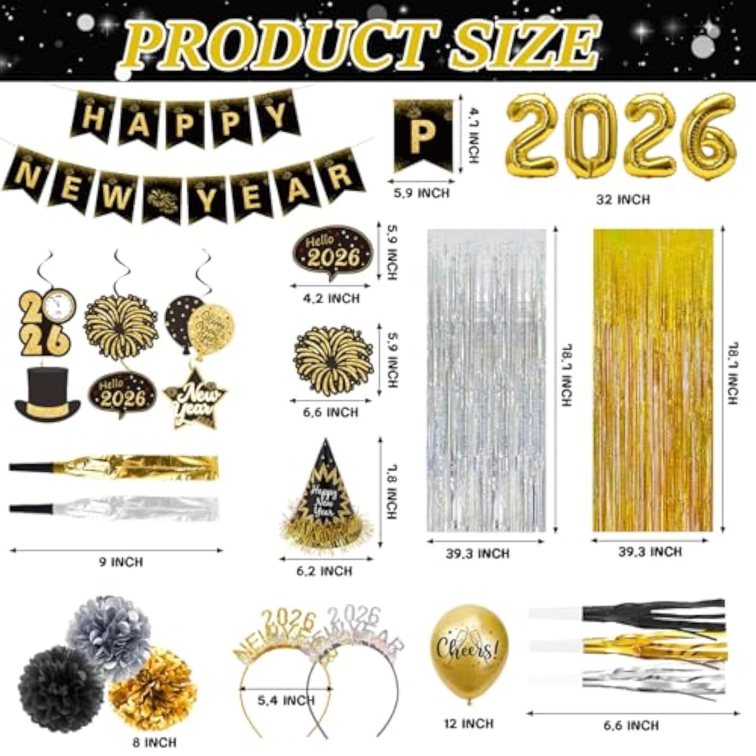 60pc Gold & Black 2026 New Year Party Kit Balloons, Hats & Photo Props