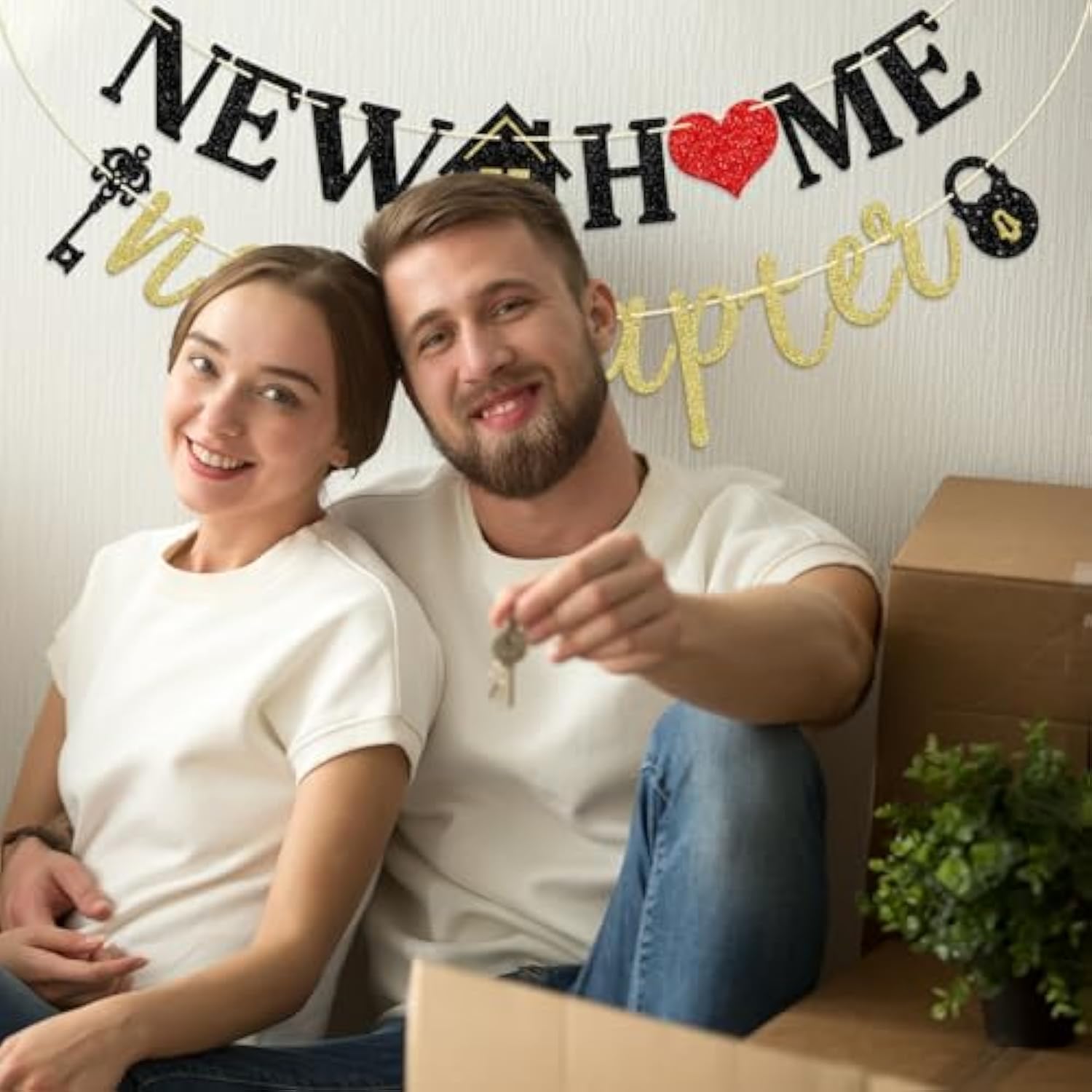 New Home New Chapter Banner — Pre-Strung Black & Gold Glitter Housewarming Decor