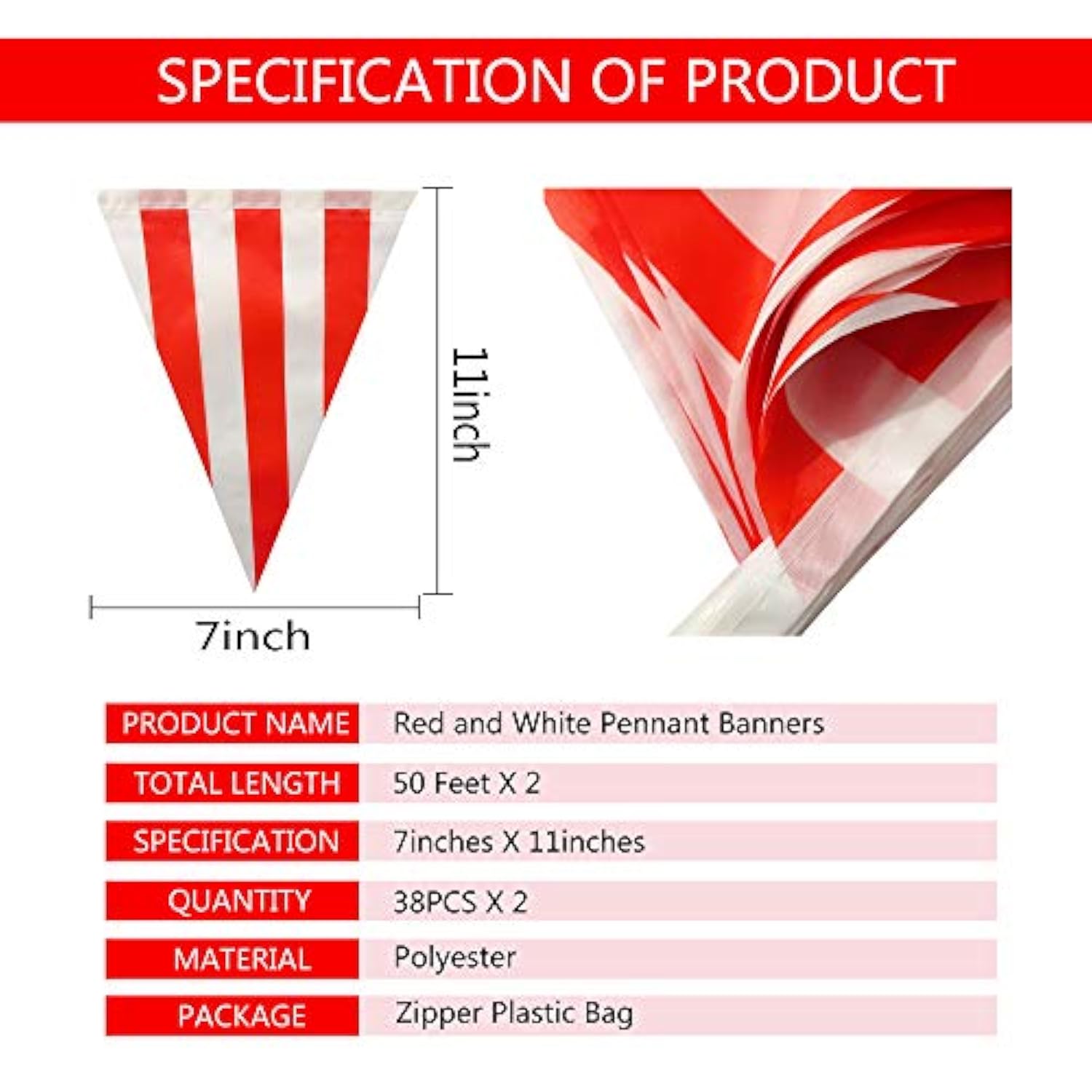 100 Feet Red & White Striped Pennant Banner Flags String 60 Pcs Indoor/Outdoor Triangle Bunting Flags,Party Decorations Supplies For Carnival Circus,Kids Birthday,Festival Celebration