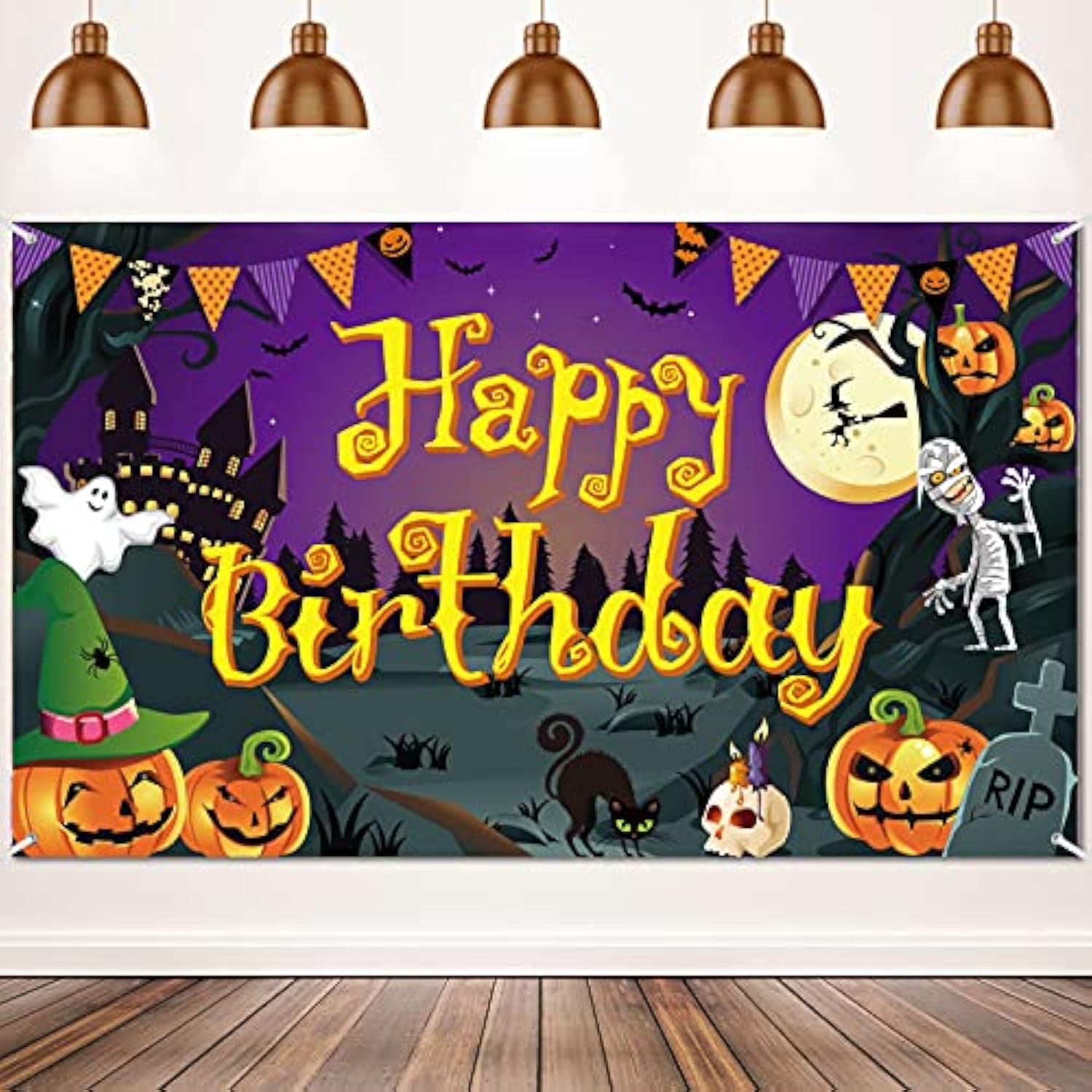 Halloween Birthday Backdrop Banner with Pumpkin Ghost and Spooky Castle Party Decor