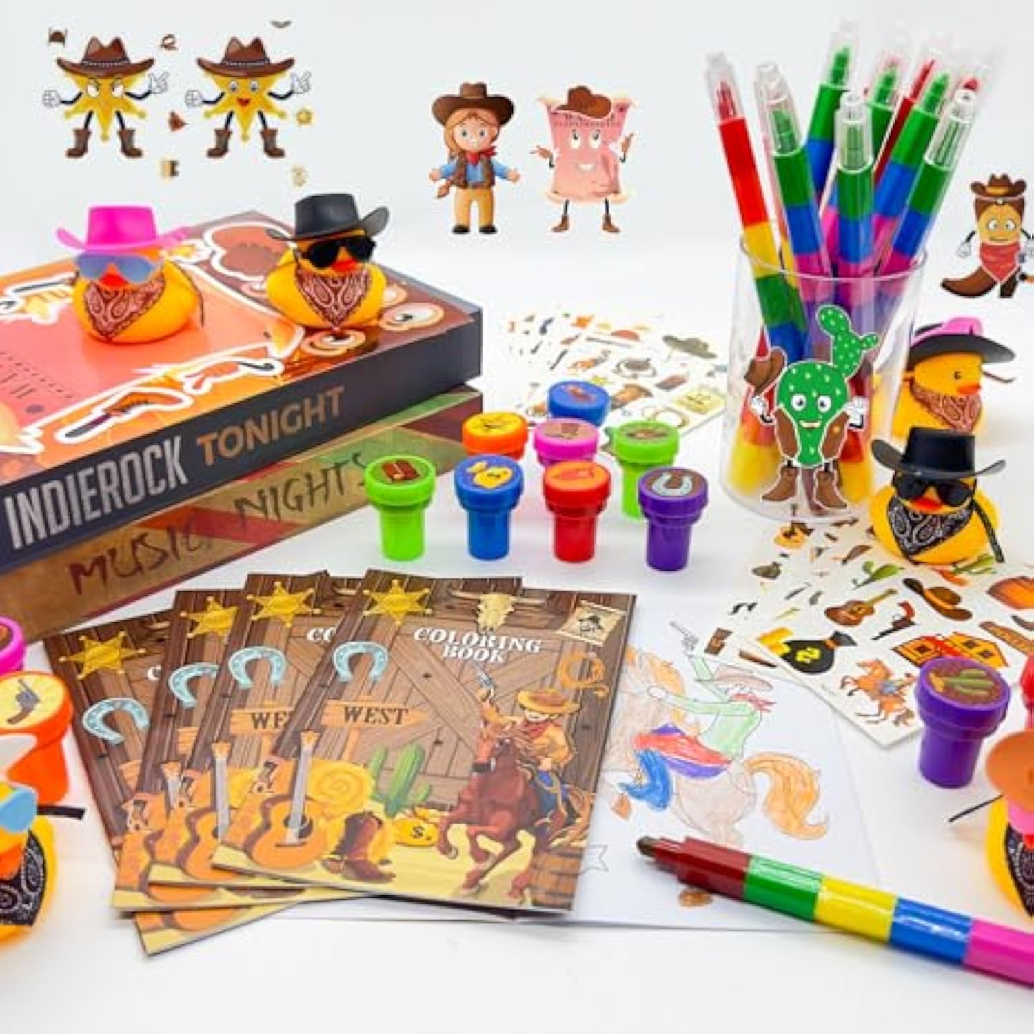72 Pcs Western Cowboy Party Favors, Wild West Coloring Books, Stickers, Tattoos, Stampers, Rubber Ducks, Rainbow Pencils, Barn Party Supplies, Birthday Goodie Bag Fillers, Prize Bulk Set