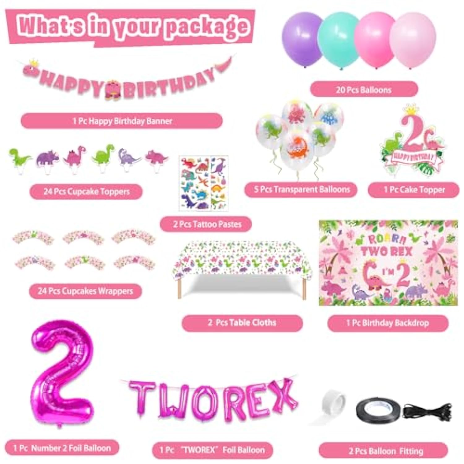 Dinosaur Birthday Party Supplies For 2 Year Old Girl, Two Rex Pink Dinosaur Dino Party Decorations For Girls Baby - Backdrop, Banner, Toppers, Cupcakes Wrappers, Balloons And Tablecloth