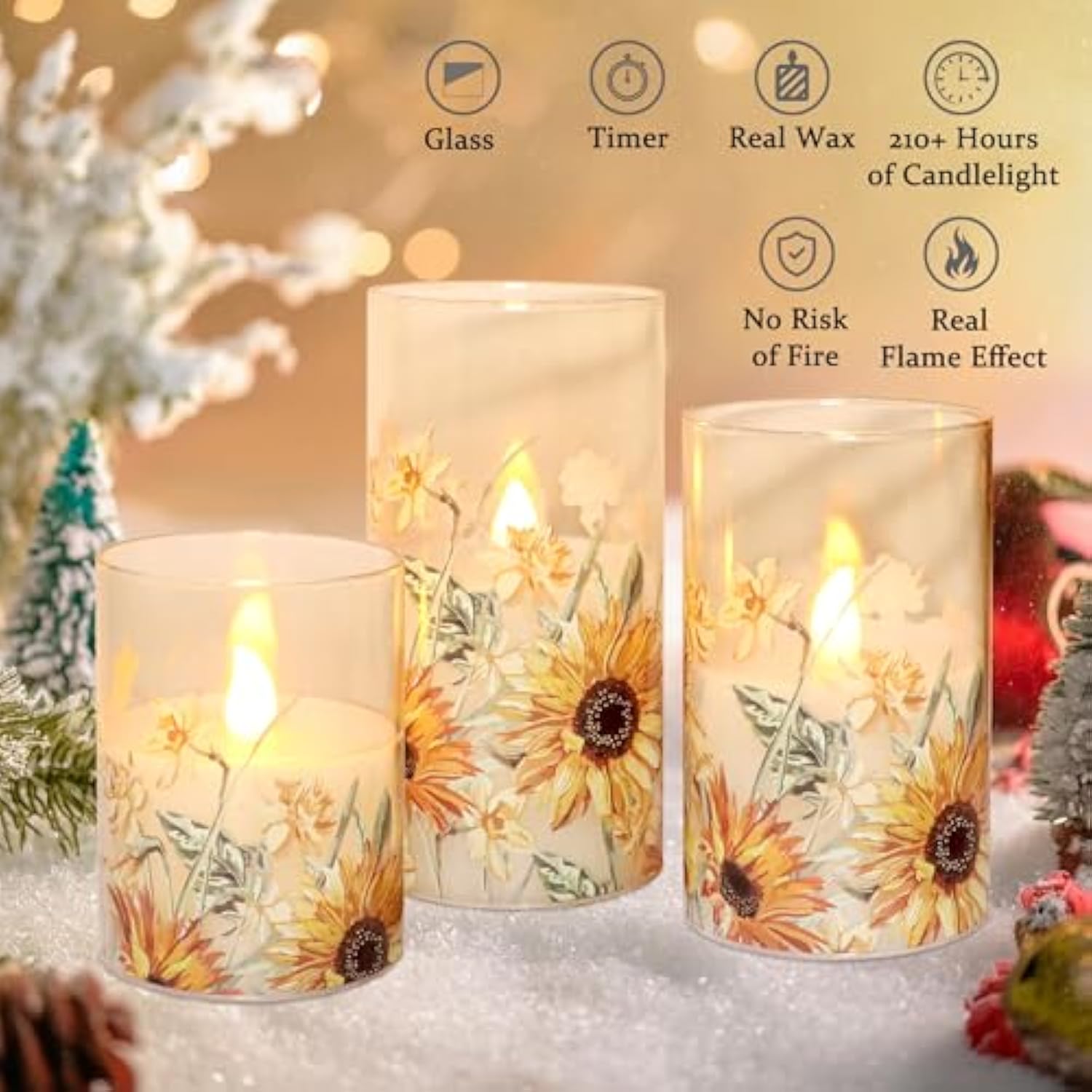 Autumn Sunflower Flameless Candles Remote Real Wax Flickering Battery Operated Glass Candles - Home Party Bedroom Birthday Christmas Summer Fall Decorations
