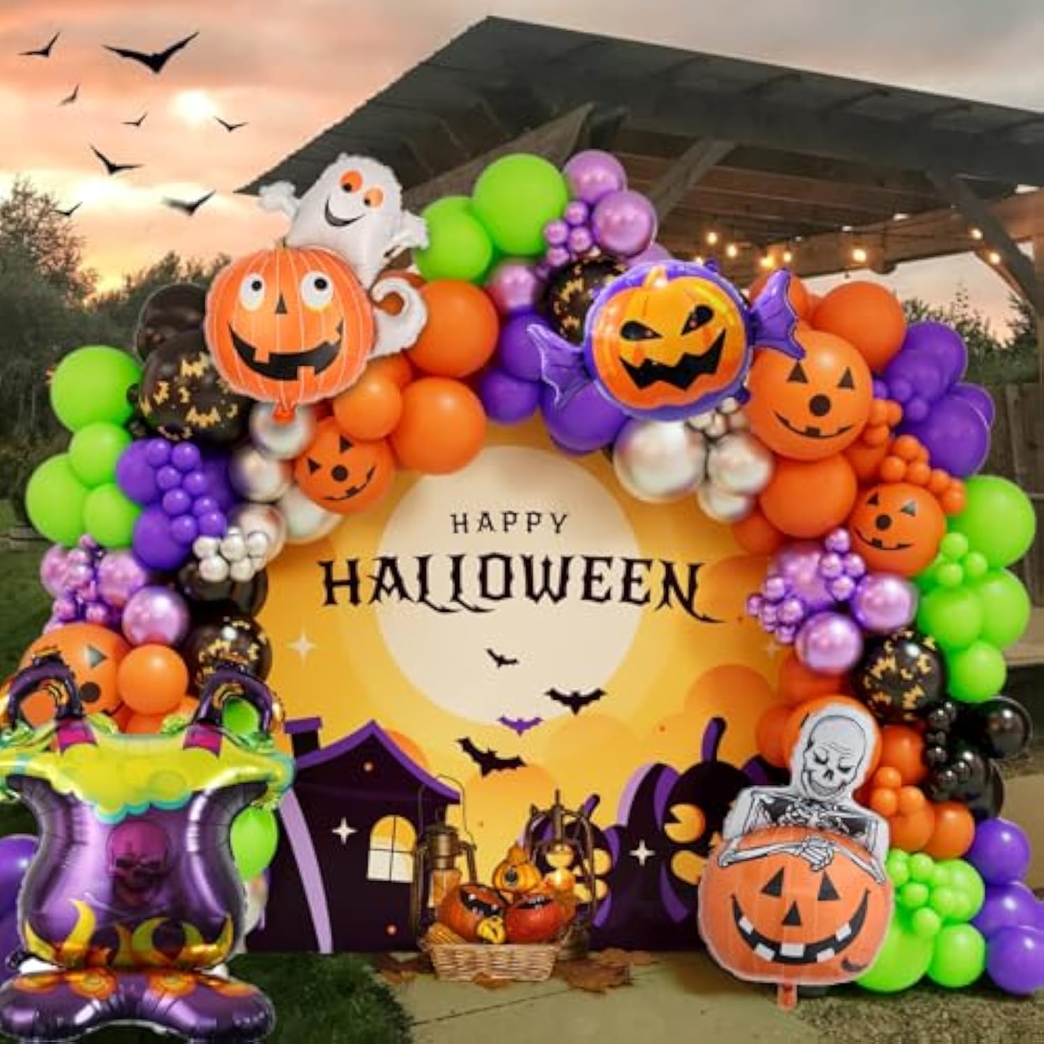 153Pcs Halloween Balloon Arch Kit - Ghost, Pumpkin, Candy & Black Orange Green Purple