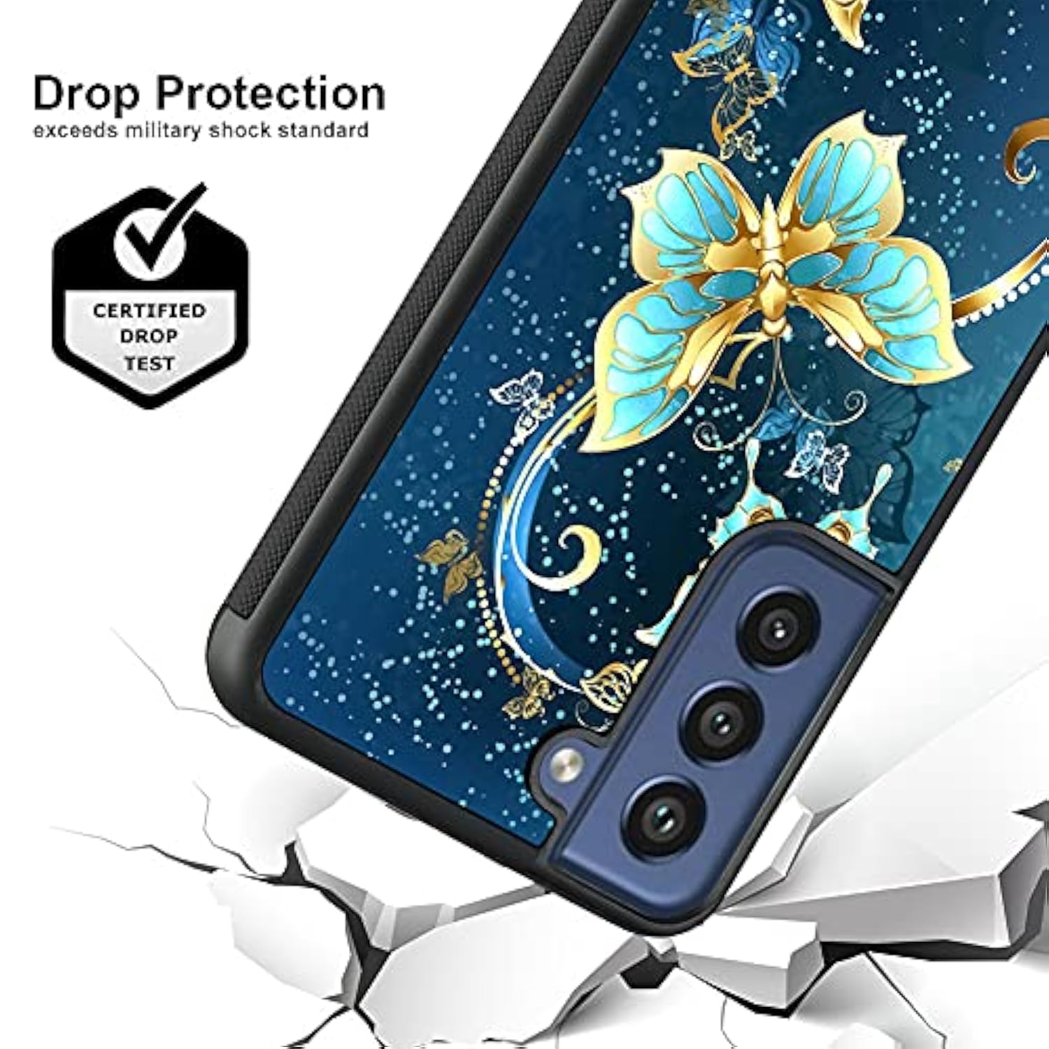 OOK Compatible with Samsung Galaxy S21 FE Case,[Built in Screen Protector] Anti Slip Shockproof Protective Case for Samsung Galaxy S21FE Blue Butterfly