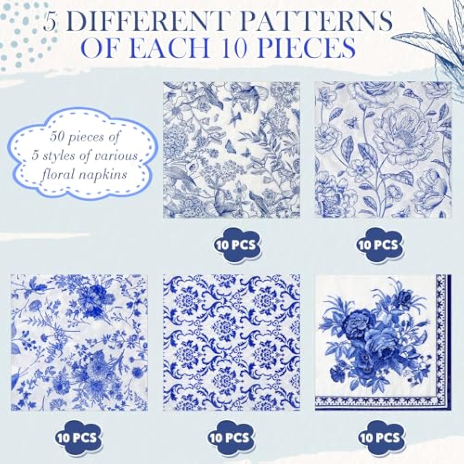 50 Pack 5 Styles Decoupage Napkins Decorative Napkins Floral Chinoiserie Cocktail Paper For Birthday Party Wedding Beautiful Gorgeous, Each Unfolded 13 Inch(Blue)
