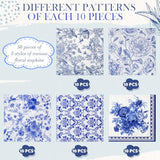 50 Pack 5 Styles Decoupage Napkins Decorative Napkins Floral Chinoiserie Cocktail Paper For Birthday Party Wedding Beautiful Gorgeous, Each Unfolded 13 Inch(Blue)