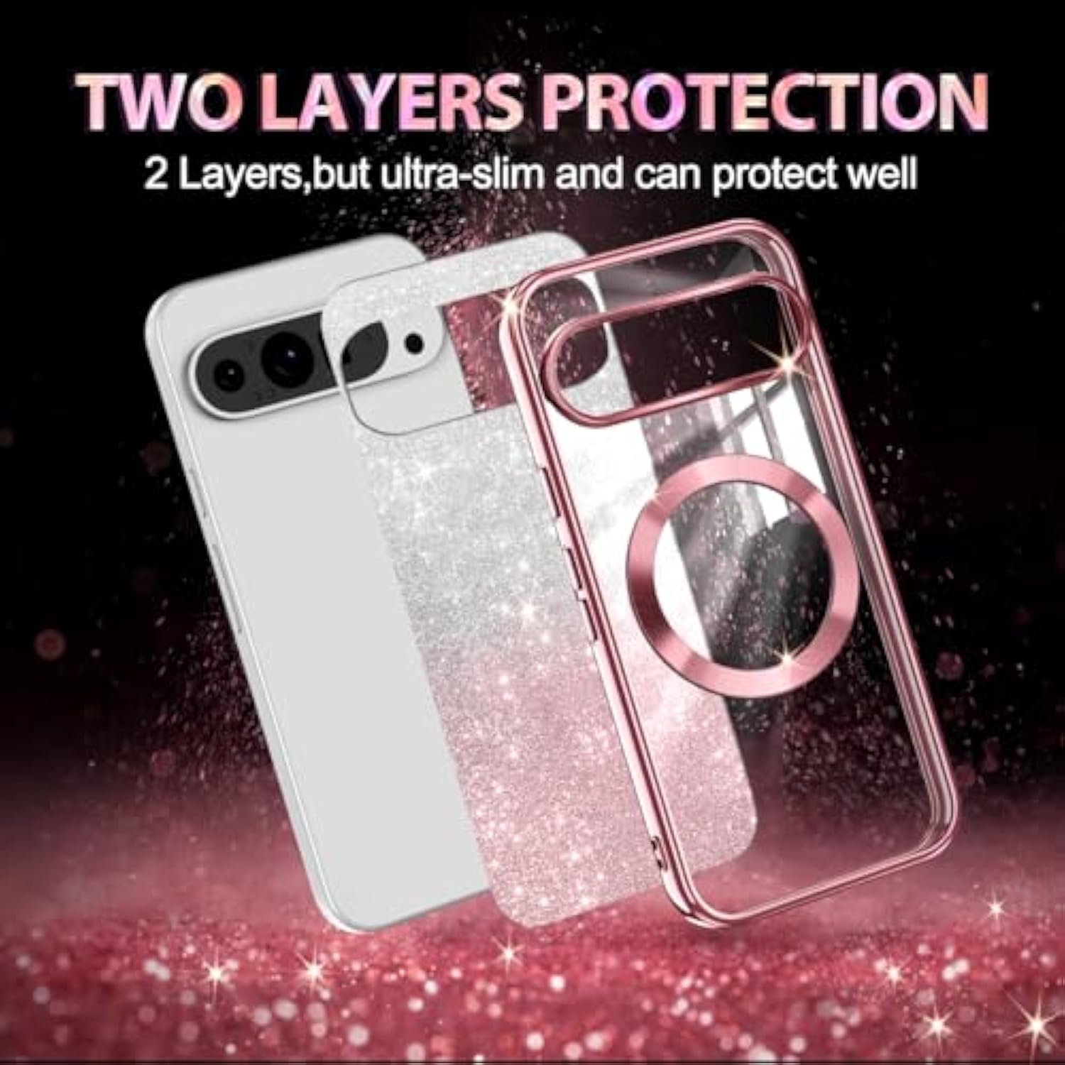 For Google Pixel 9/9 Pro Case, Compatible With , Glitter Sparkle Magnetic Plated Slim Shockproof Soft Tpu Bumper Full Protection Case, Rose Gold