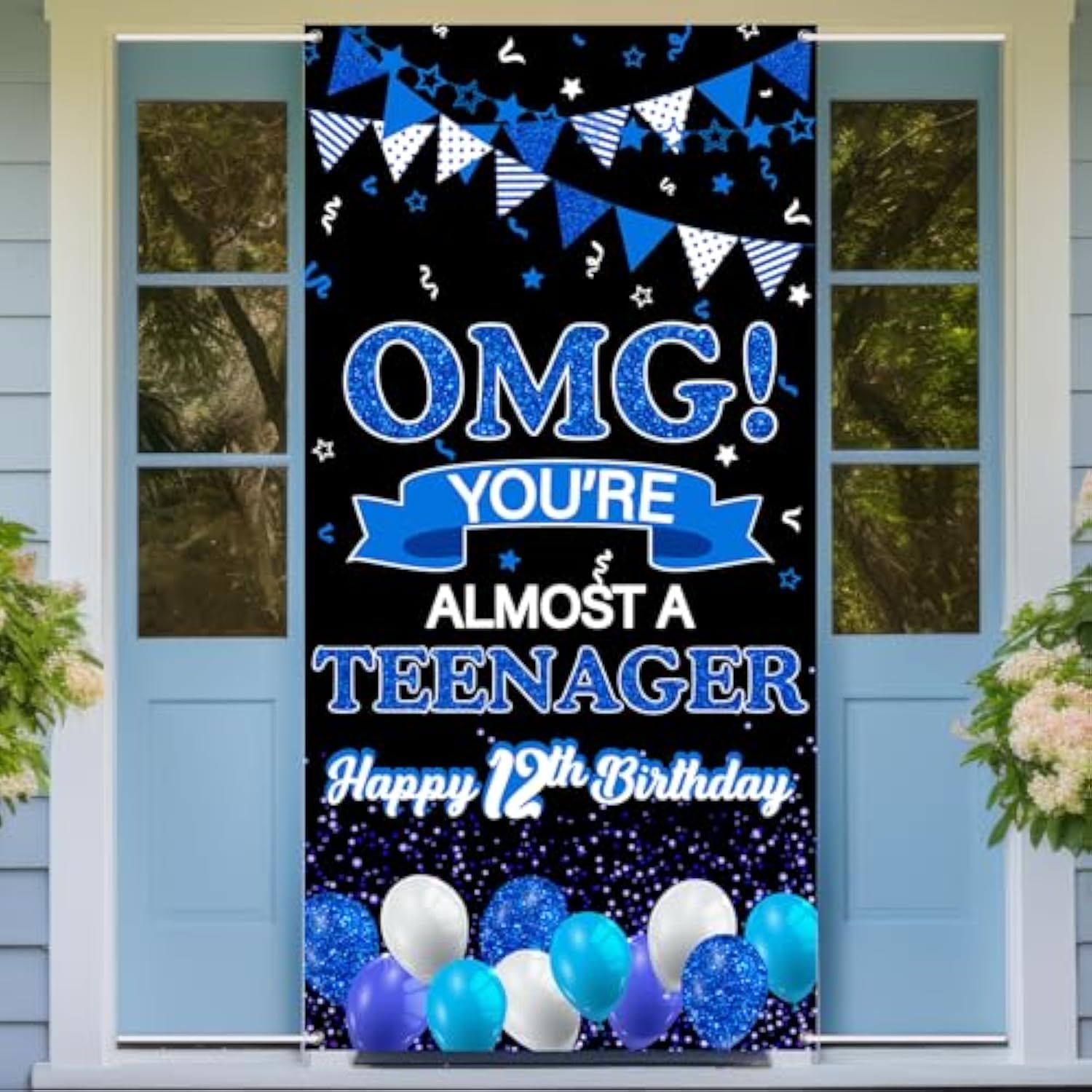 OMG You're Almost a Teenager Door Banner Blue 12th Birthday Party Sign