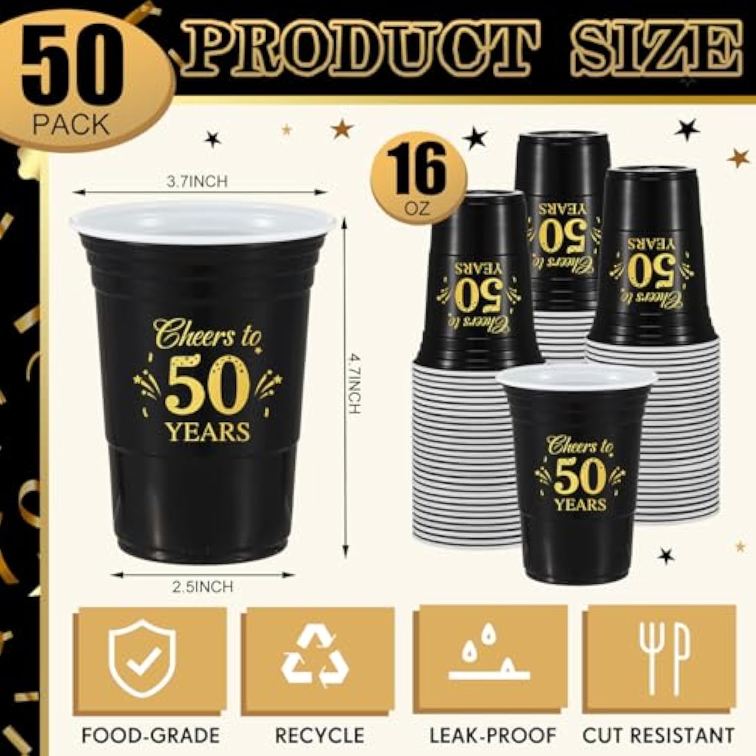 50 Pack 50Th Birthday Decorations Birthday Cups 16 Oz Disposable Plastic Gold And Black Cheers To 50 Years Cups For Men Women Hot Cold Drinks For Wedding Anniversary Supplies