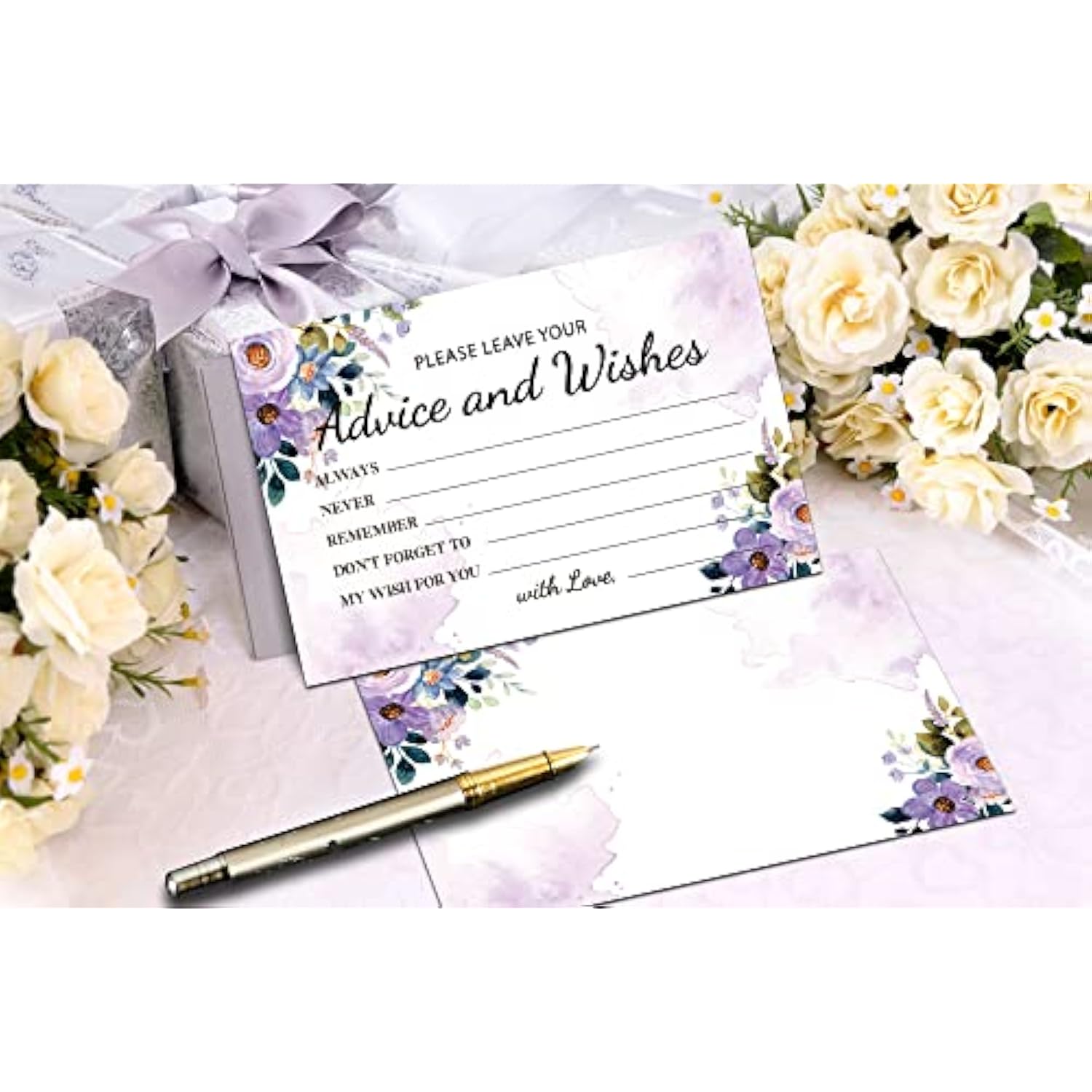 Purple Floral Advice And Wishes Cards, 25 Pcs Watercolor Purple Double Sided Advice Cards For The Bride And Groom, Mr And Mrs, Bride Shower, Wedding Reception, Engagement Party(08)