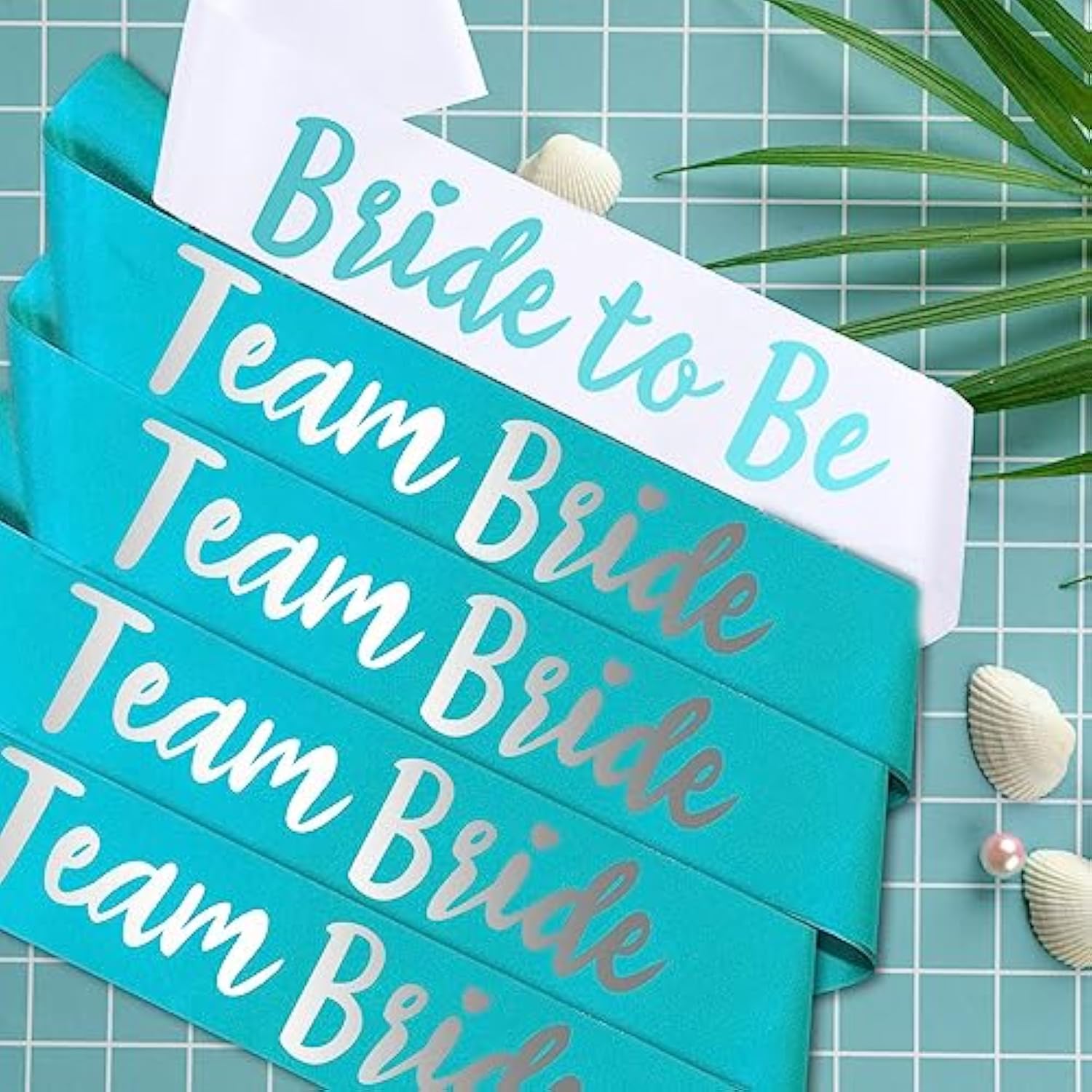 Team Bride 7Pc Satin Sash Set - Sophisticated & Fun Party Favors For Bachelorette Party, Bridal Shower & Wedding Party (7Pc Set, White & Light Blue)