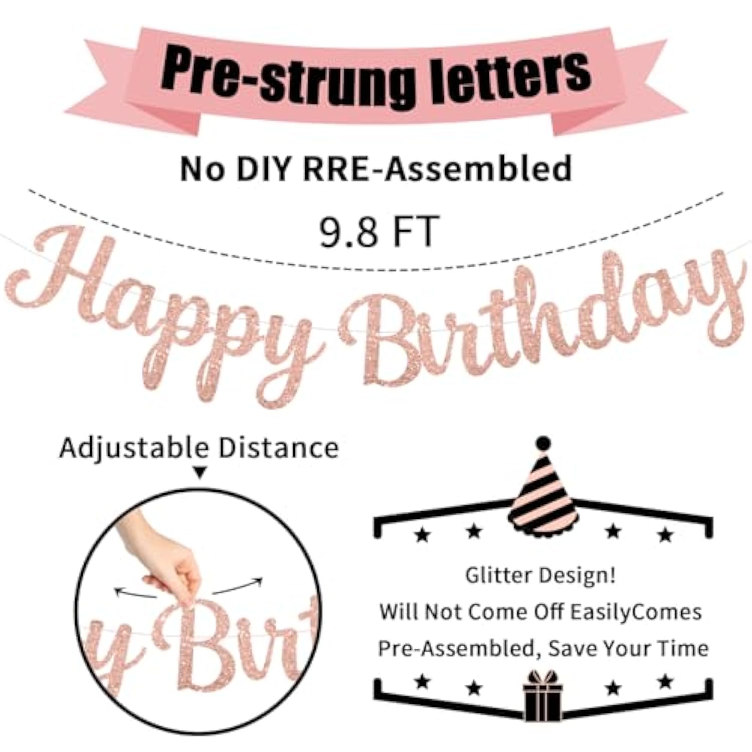 Pre-Strung Rose Gold Happy Birthday Banner No Diy For Women Men Party Decorations