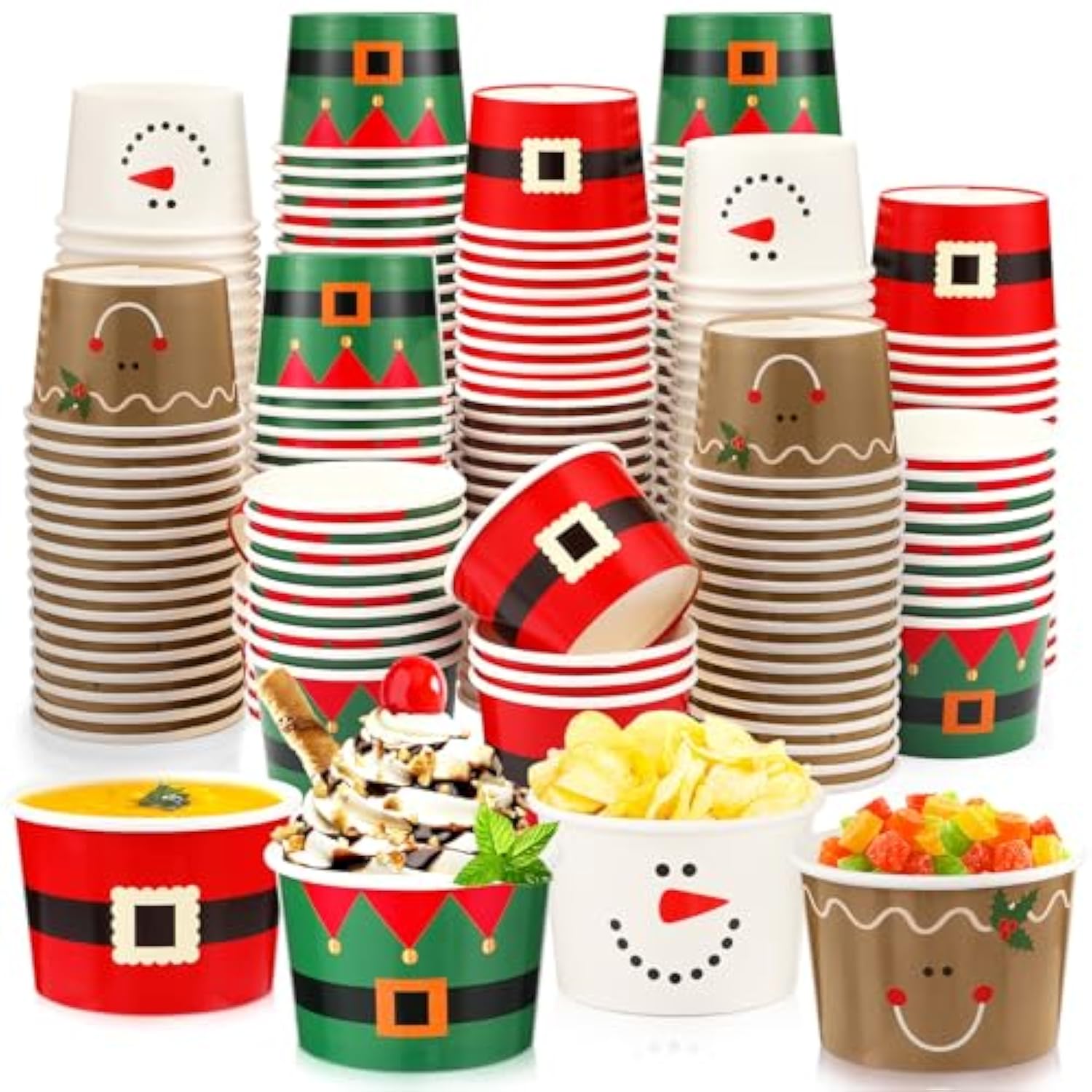 100 Pcs 9 Oz Christmas Snack Treat Disposable Cups 2025 Christmas Ice Cream Paper Cups Santa Belt Bowls For Xmas Party Supplies Decorations Cold Or Hot Soup