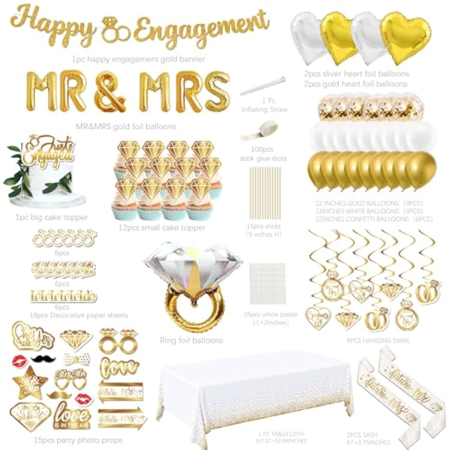Gold Engagement Party Decorations - (Total 90Pcs) Glitter Happy Engaged Banner, Mr And Mrs Balloons, Hanging Swirl,Balloons, Ring Balloons For Wedding Engagement Party Decor