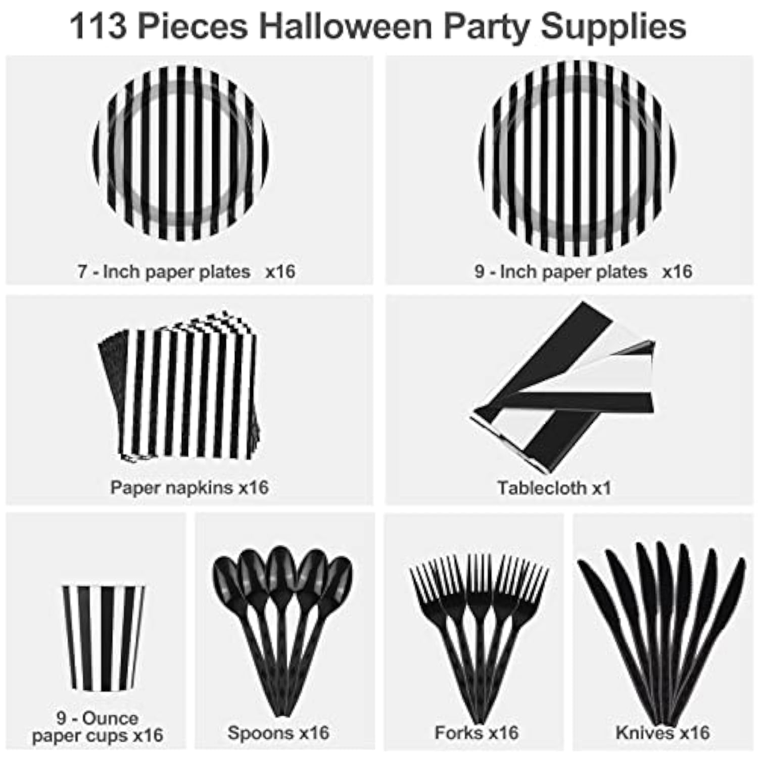 113 Pieces Black And White Striped Party Supplies Table Decorations Includes Paper Napkins Cups Plates Knives Forks Spoons Tablecloth Disposable Tableware Set For Birthday Graduation Wedding