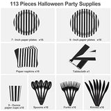 113 Pieces Black And White Striped Party Supplies Table Decorations Includes Paper Napkins Cups Plates Knives Forks Spoons Tablecloth Disposable Tableware Set For Birthday Graduation Wedding