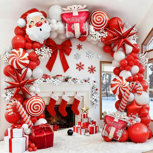 Christmas Balloon Garland Arch kit with Red White Balloons, Candy, Cane, Star, Explosion-Star, Gift Box, santa-claus Foil Balloons for Xmas Party Decorations