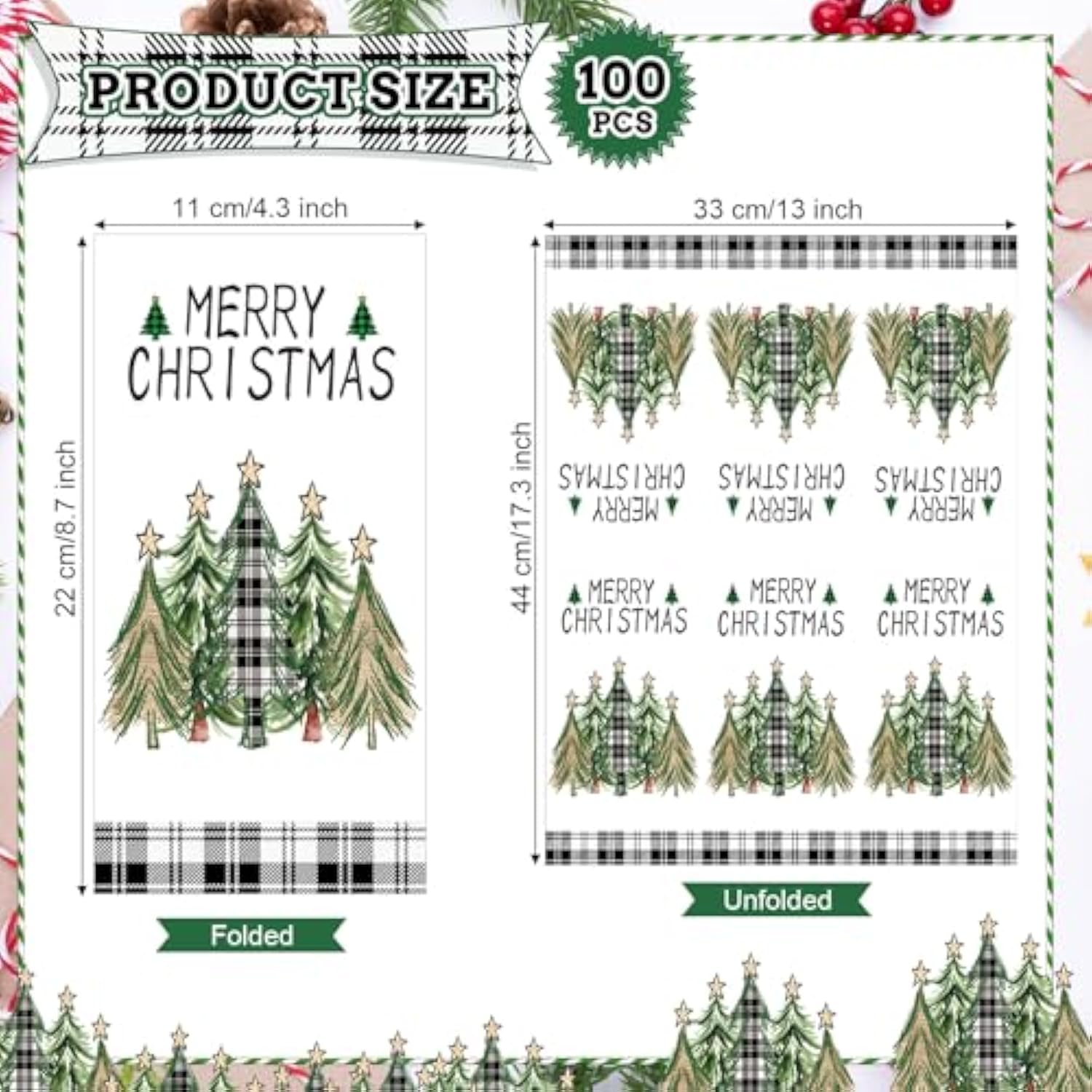 100 Pcs Christmas Tree Beverage Napkins Disposable Hand Towels For Bathroom 3 Ply Christmas Paper Napkins Xmas Tree Buffalo Plaid Napkins For Winter Holiday Wedding Birthday Party(Classic)