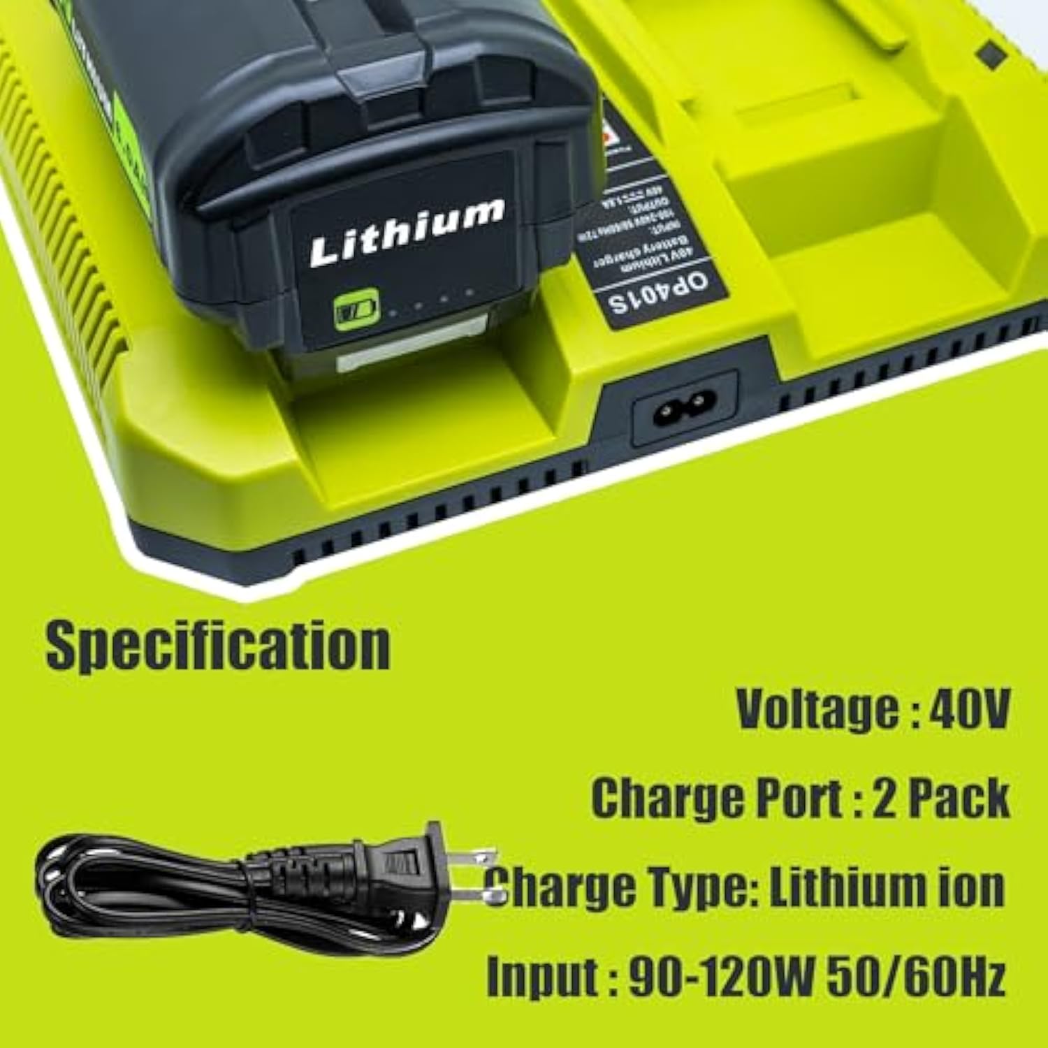 40V Charger Replacement For Ryobi 40V Battery Charger Op401 S,Dual Ports Fast Charger Compatible With Ryobi 40V Battery Lithium Op4015 Op4026 Op4030 Op4040 Op4050 Op4060 Op40301 Op4050A
