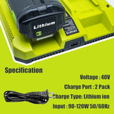 40V Charger Replacement For Ryobi 40V Battery Charger Op401 S,Dual Ports Fast Charger Compatible With Ryobi 40V Battery Lithium Op4015 Op4026 Op4030 Op4040 Op4050 Op4060 Op40301 Op4050A