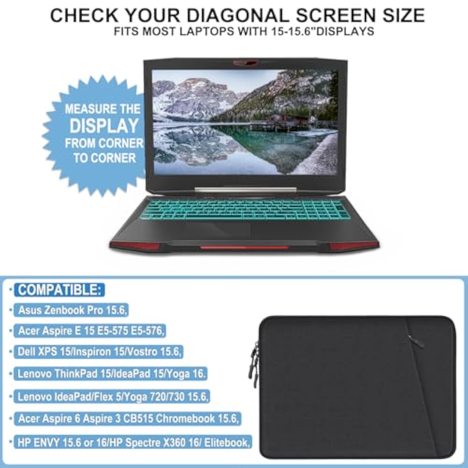 Laptop Case 15.6 Inch, Shockproof Protective Computer Sleeve Cover With Accessories Pocket, Water Resistant Traveling Carrying Laptop Bag Compatible For Macbook Dell Hp Acer Asus Lenovo, Black