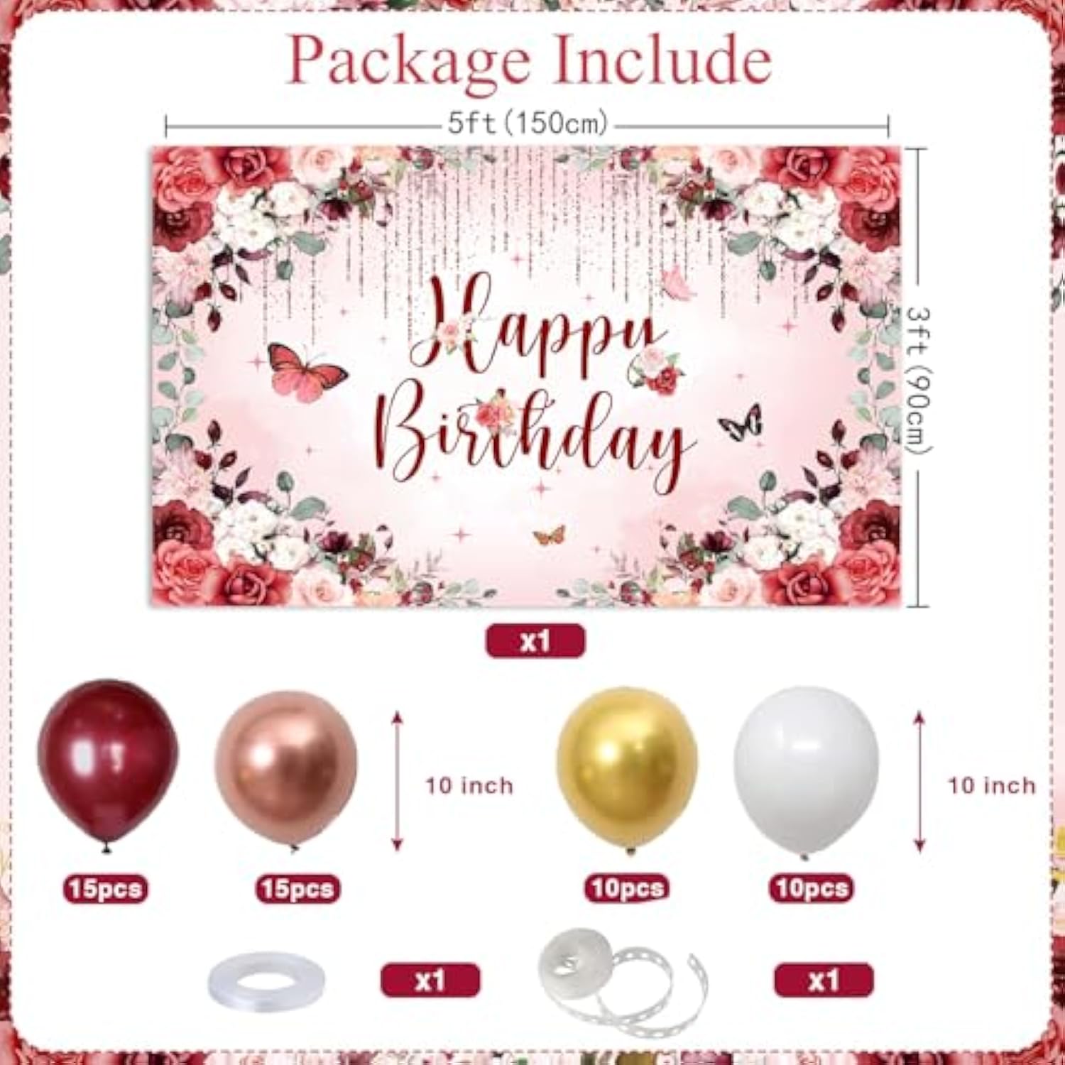 Burgundy Floral Happy Birthday Decorations Women Girls Party Supplies Including Flower Birthday Backdrop 5X3Ft,50 Pcs Burgundy Rose Gold Balloons Garland Arch Kit