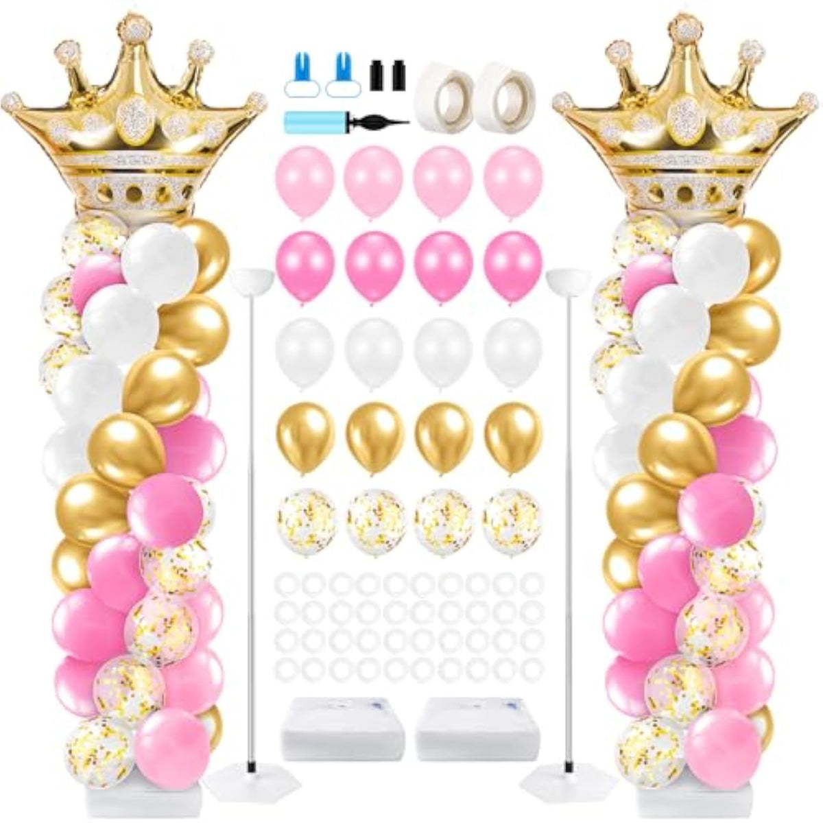 2 Princess Balloon Column Kits with Crowns & 100 Balloons for Baby Shower or Birthday Party