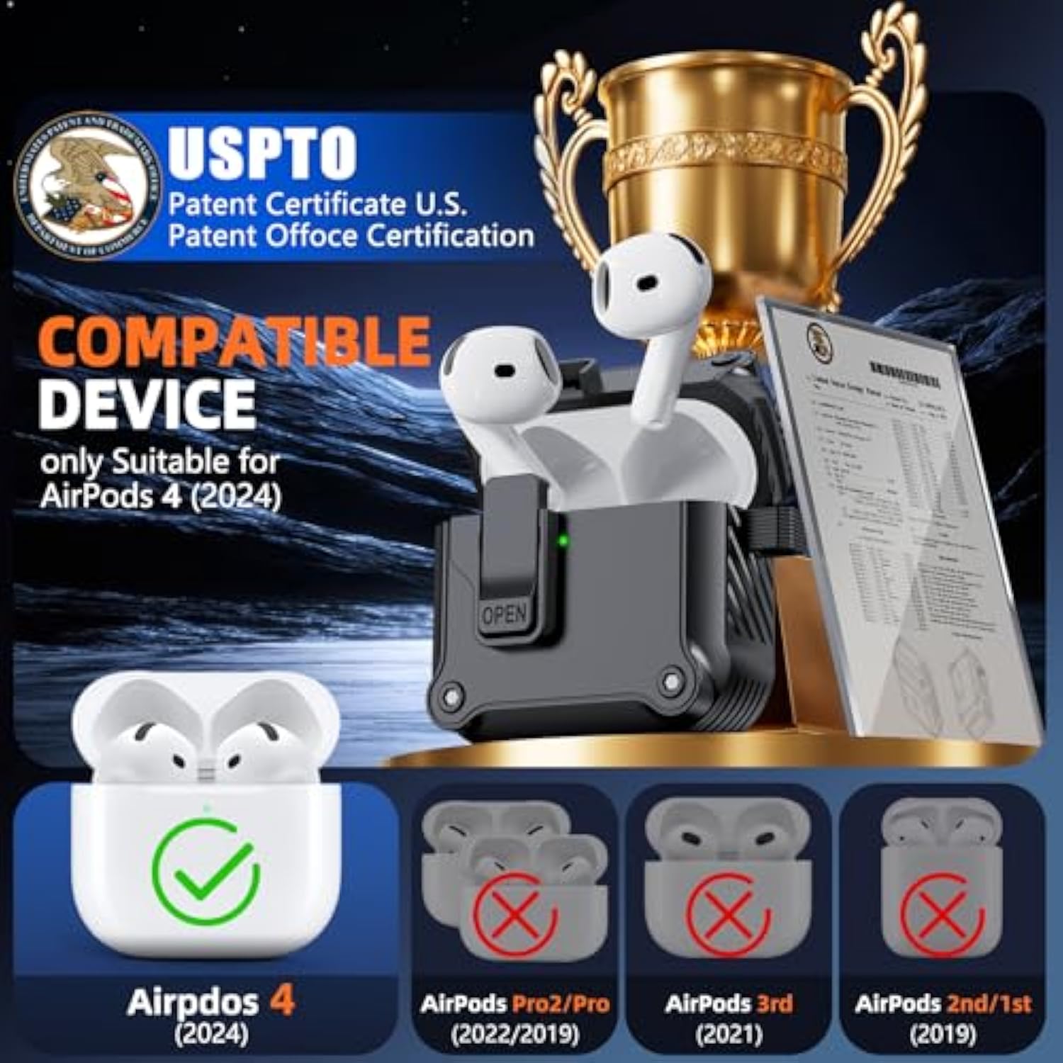 Compatible With Airpods 4Th Generation Case,With Cleaner Kit,Automatic Snap Switch Secure For New Airpods 4 Charging Cover [With Active Noise Cancellation] (2024)-Black