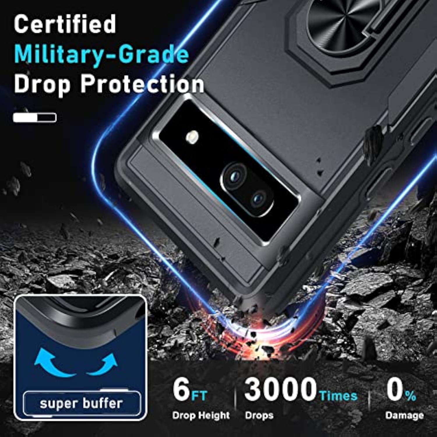For Google Pixel 6A Case With Screen Protector+Camera Lens Protector,Heavy Duty Shockproof Full Body Phone Cover,Built In Metal Ring Holder Kickstand,2022 Black Matte