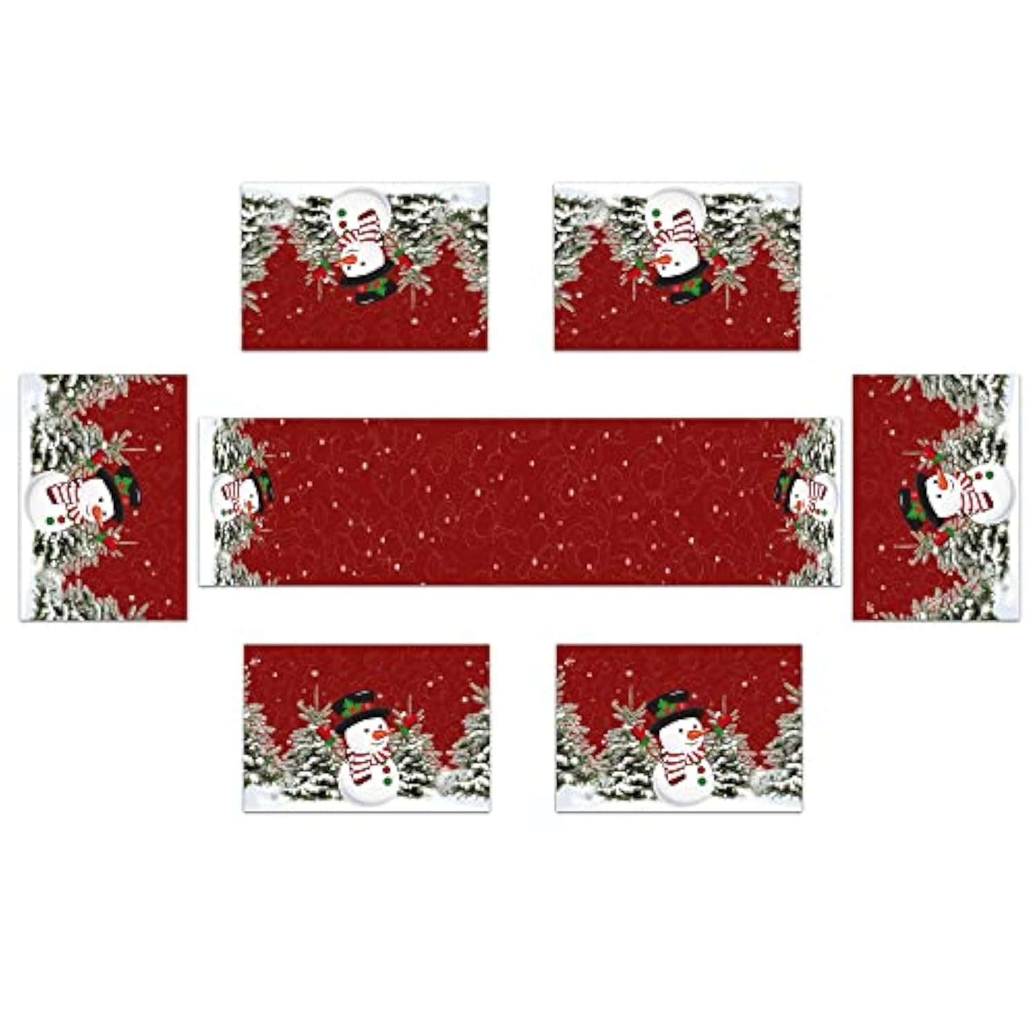 Winter Christmas Table Runner And Place Mats Set Of 7 Snowman Pine For Holiday Linen Dining Mat Sets Washable Red Home Decor 70 Inches Long