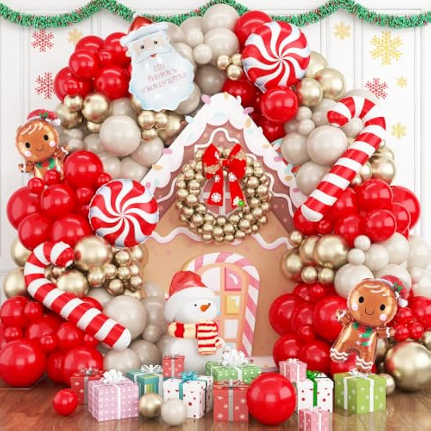Merry Christmas Balloon Arch Garland Kit, 127Pcs Red Sand White Gold Xmas Balloons With Gingerbread Man Santa Claus Candy Cane Foil Balloons For Christmas Holiday Winter New Year Party Decorations