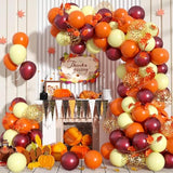 Fall Balloon Arch Kit: Orange, Burgundy, Gold Balloons with Maple Leaves
