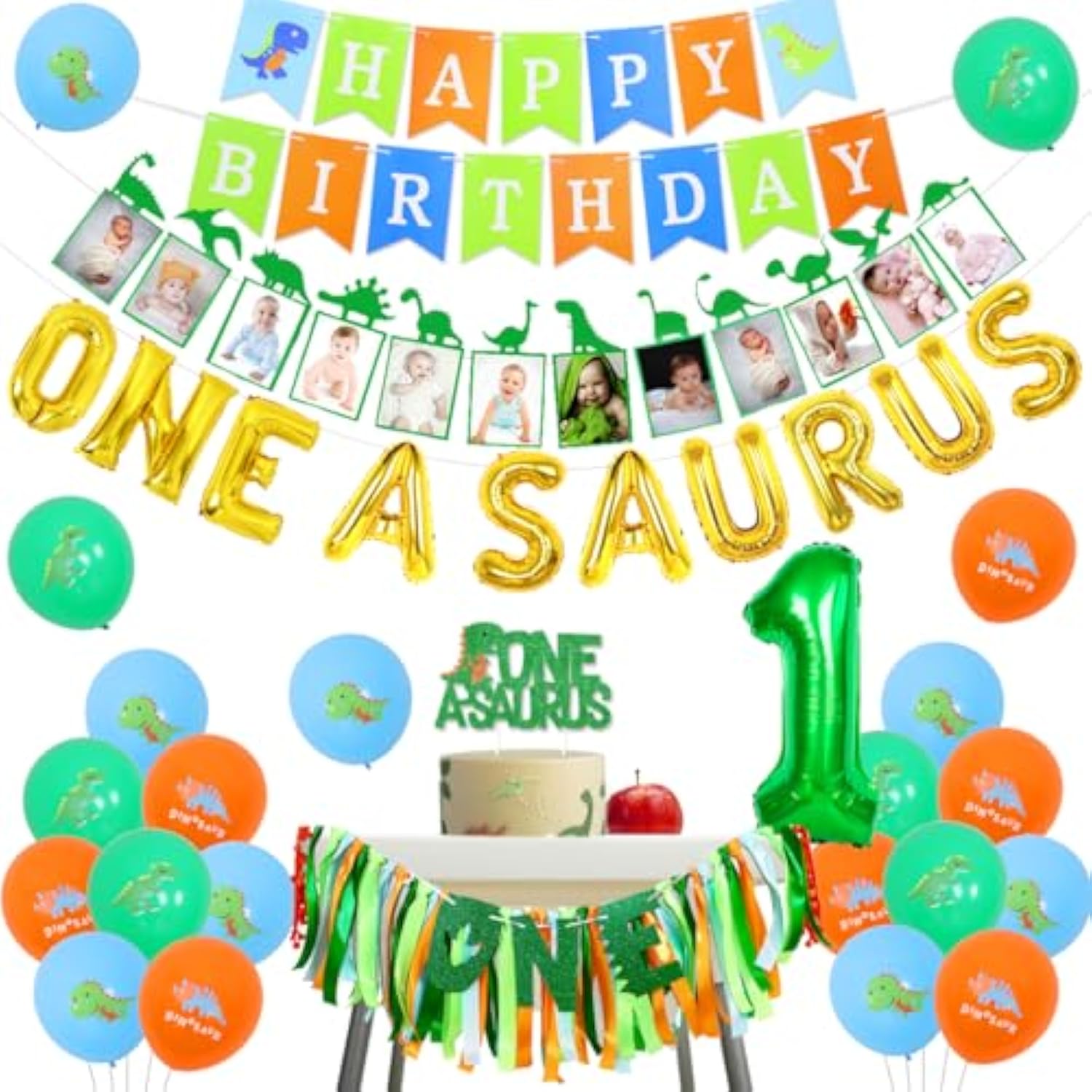 One A Saurus Birthday Decorations, Dinosaur 1St Happy Birthday Party Supplies With Balloons Highchair Banner And Baby Photo Banner, T-Rex Roar Party Decor For Boy One Year Old