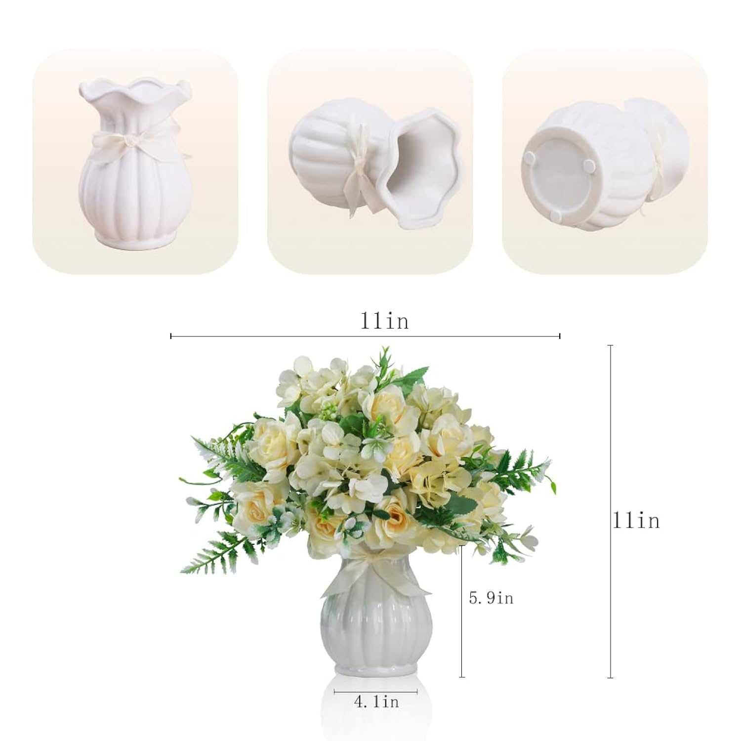 Artificial Rose Silk Hydrangea Flowers Bouquets With Vase Rustic Fake Flowers For Home Decoration Table Centerpiece (Champagne)