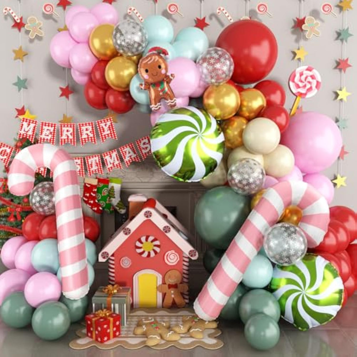 Christmas Balloons Arch, Pastel Green Pink Christmas Balloons Garland Kit With Green Candy Gingerbread Man Foil Balloons, Snowflakes Confetti Red Gold Balloons For Xmas Christmas Birthday Decorations