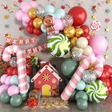 Christmas Balloons Arch, Pastel Green Pink Christmas Balloons Garland Kit With Green Candy Gingerbread Man Foil Balloons, Snowflakes Confetti Red Gold Balloons For Xmas Christmas Birthday Decorations