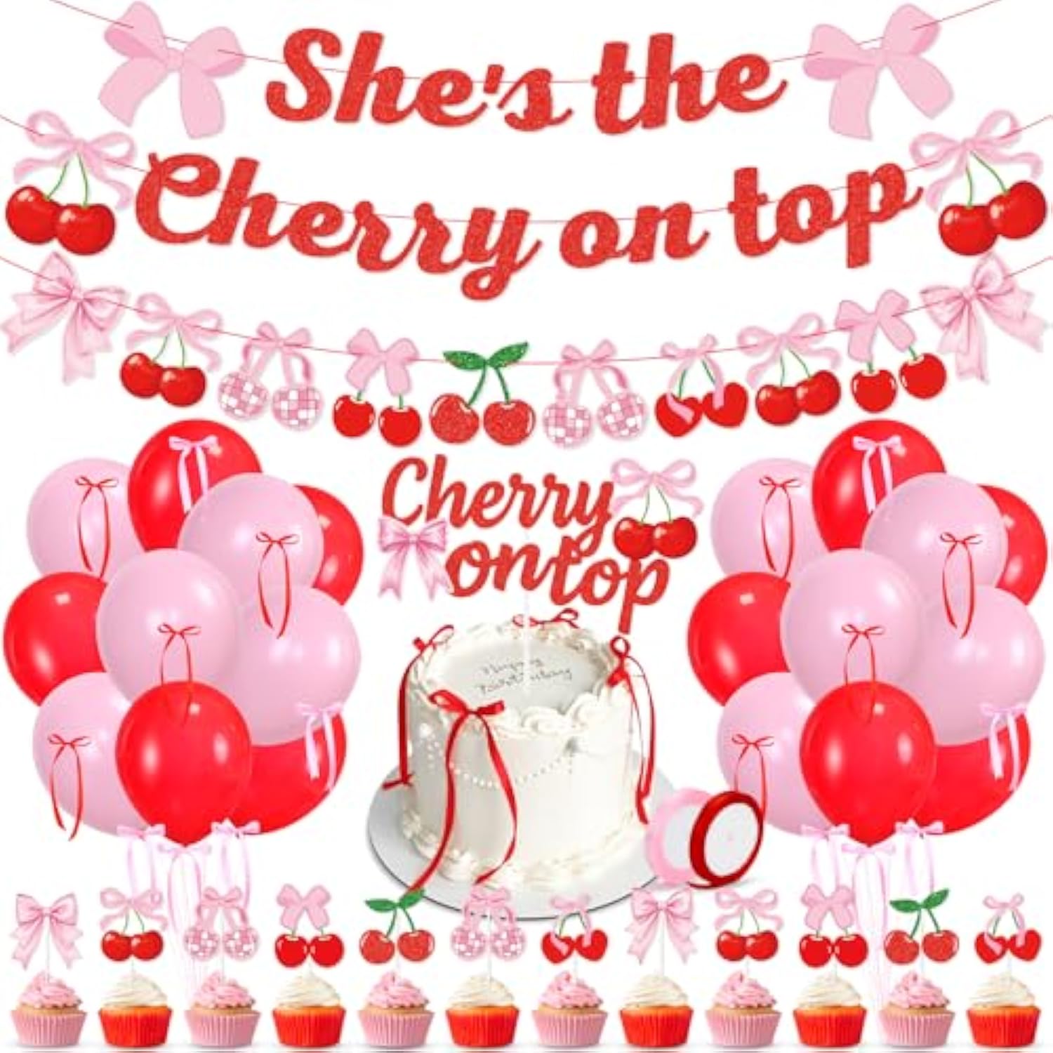 Cherry Party Decorations,She'S The Cherry On Top Theme Banner,Summer Fruit Cherries Party Supplies Cake Topper Latex Balloons For Birthday Baby Shower Valentine'S Day Wedding Bridal Shower
