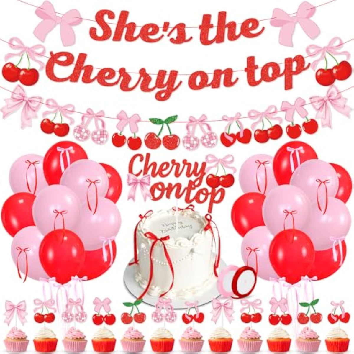Cherry Party Decorations,She'S The Cherry On Top Theme Banner,Summer Fruit Cherries Party Supplies Cake Topper Latex Balloons For Birthday Baby Shower Valentine'S Day Wedding Bridal Shower