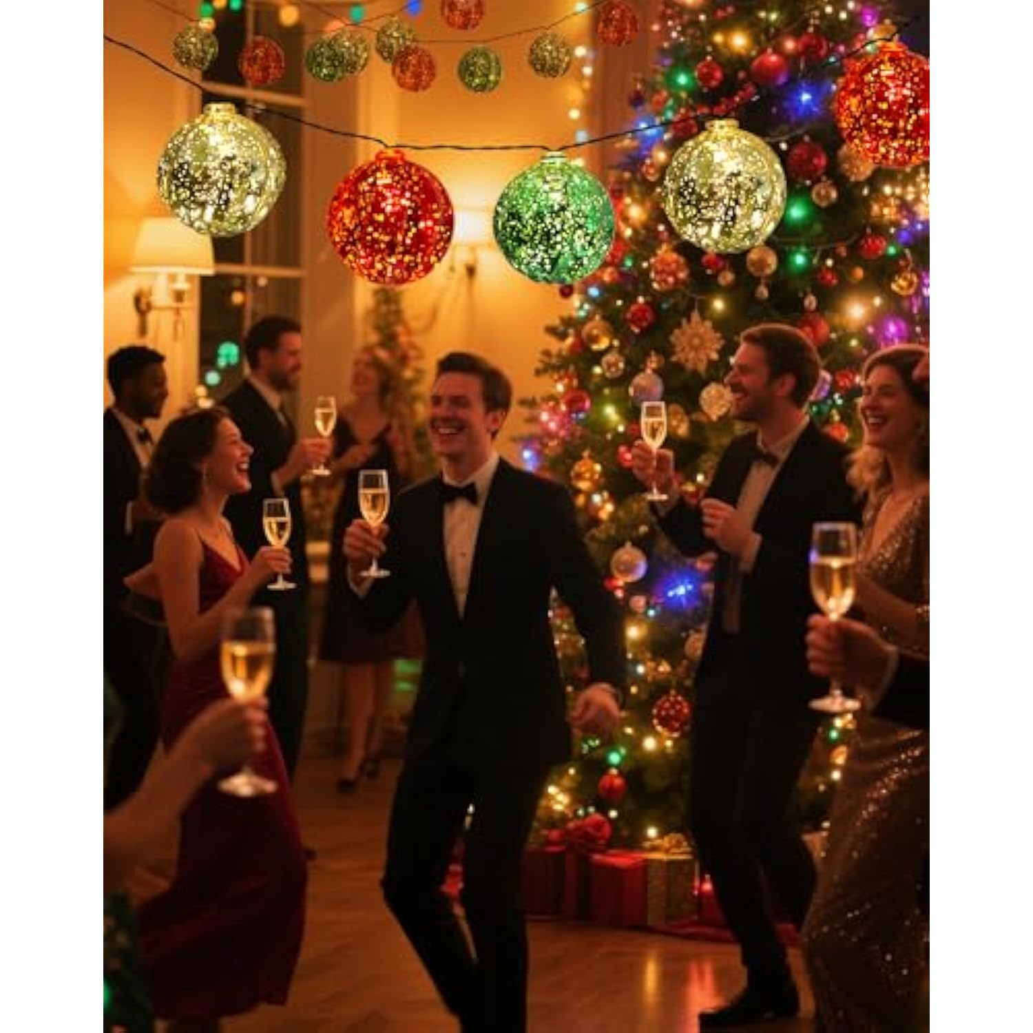 Battery Powered Christmas Lights 22Ft 20 Led Red Green Gold Ball String Lights 8 Modes With Timer, Globe Multicolor Chri
