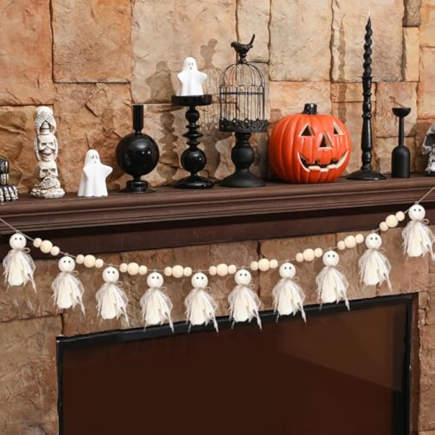 Ghost Halloween Garland: Rustic Wood Bead Wall Decor, 7Ft