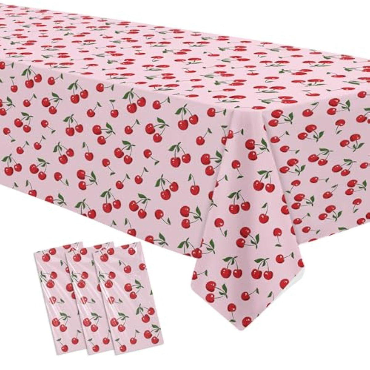 Cherry Birthday Decorations Tablecloth, 3 Pack Disposable Fruit Theme Cherry Party Supplies Table Cover For Birthday, Baby Shower, 55In X 86In