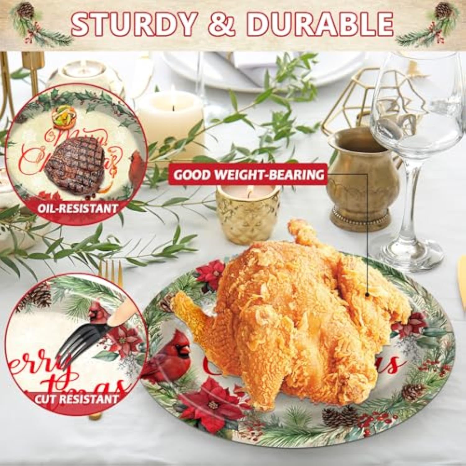 50Pcs Christmas Oval Plates Cardinal Bird Large Tableware Xmas Red Cardinal Merry Christmas Holly Berry 10'' X 12'' Disposable Dinnerware Dessert Plate For Poinsettia Party Winter Holiday Supplies