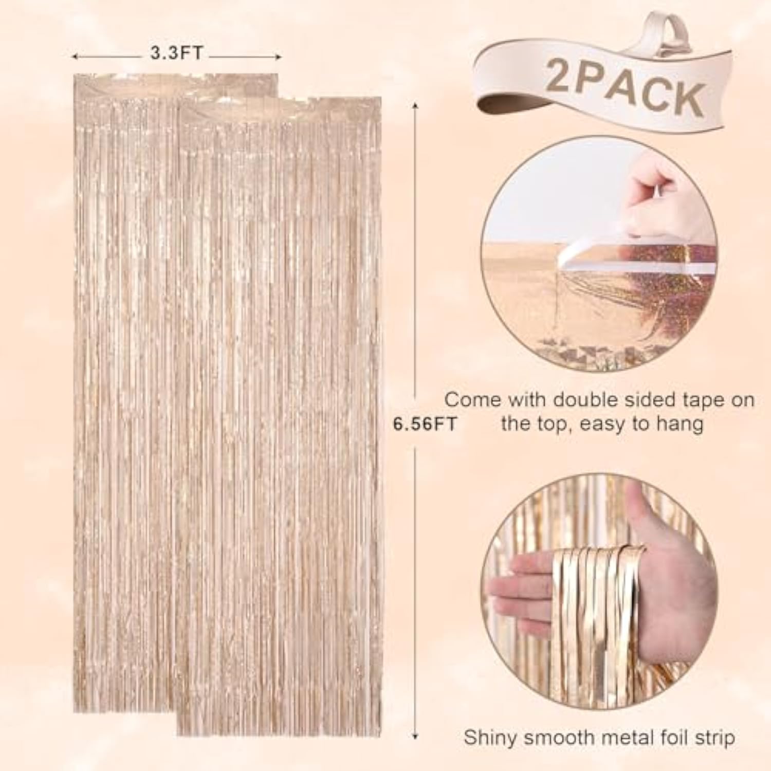 2 Pack Champagne Gold Tinsel Foil Fringe Curtains, Champagne Party Decorations, Metallic Tinsel Party Streamers Backdrop For Birthday Baby Shower Graduation Wedding Party Decorations