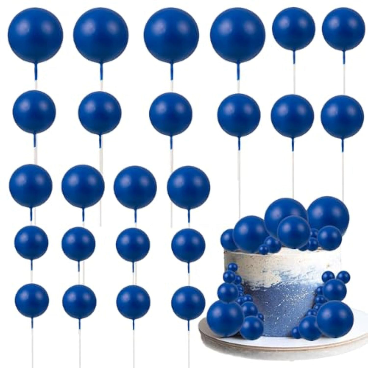 30Pcs Ball Cake Toppers Balls Cupcake Toppers Foam Ball Shaped Cake Picks Diy Balloons Cake Insert Topper For Wedding Enagement Baby Shower Birthday Party Cake Decorations Supplies Royal Blue