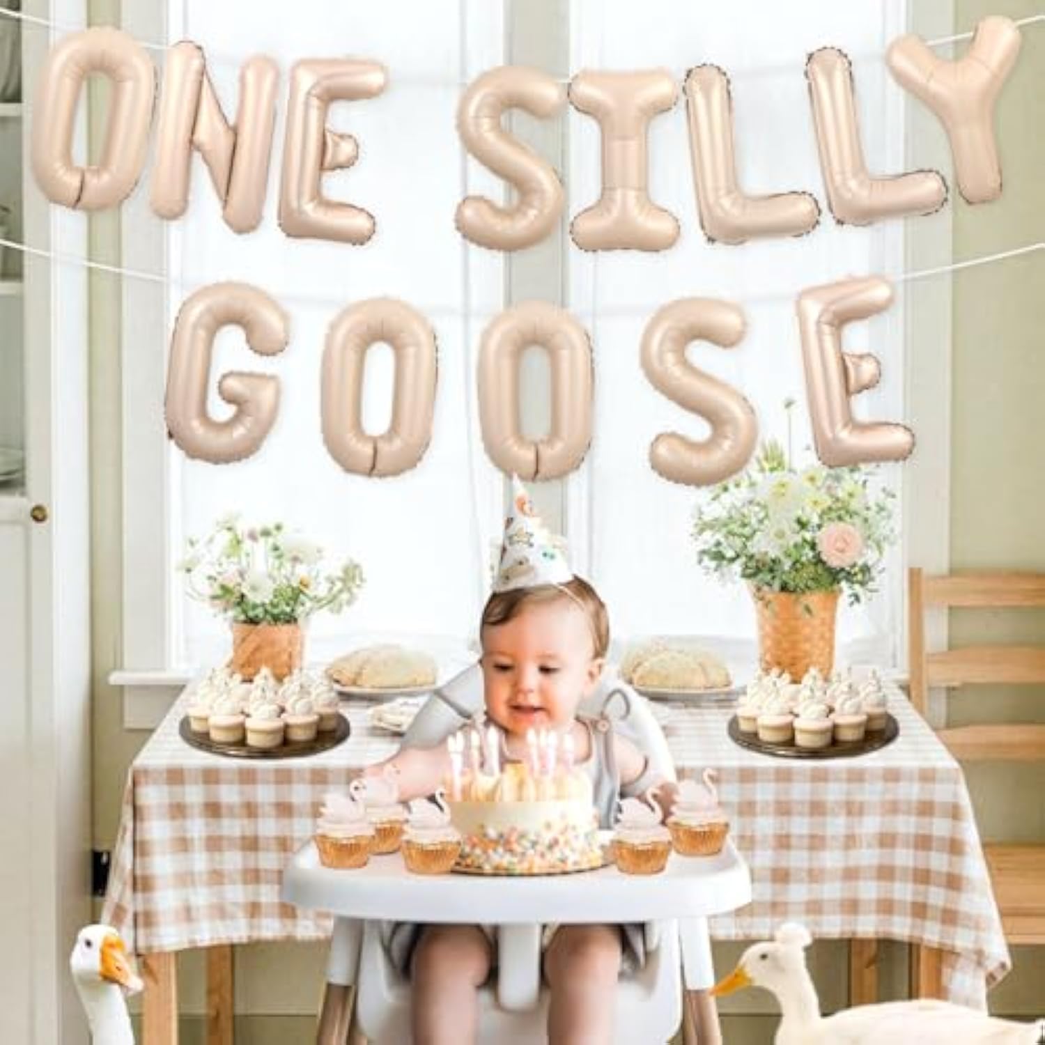 Goose 1St Birthday Party Decor One Silly Goose Birthday Decor One Silly Geese Balloon Banner Our Little Geese Is Turning One Farm Animal Themed Party Decor For Boy Girl Beige Funny 1St Bday